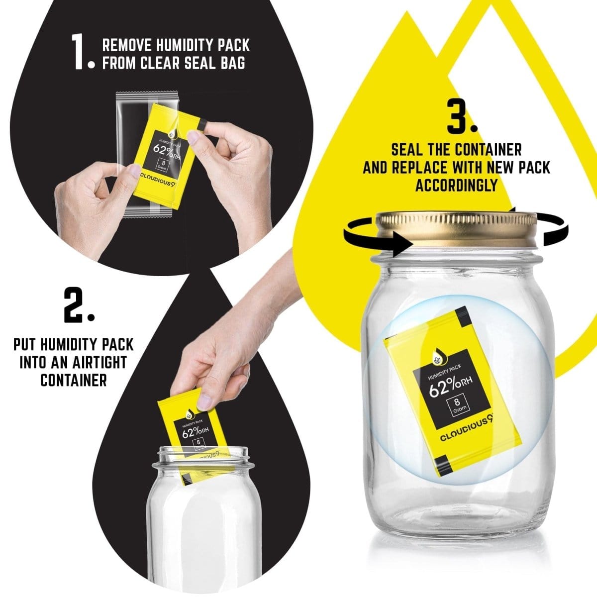 A close-up shot shows a Cloudious9 62% 2-Way Humidity Pack Regulator being removed from a clear container.