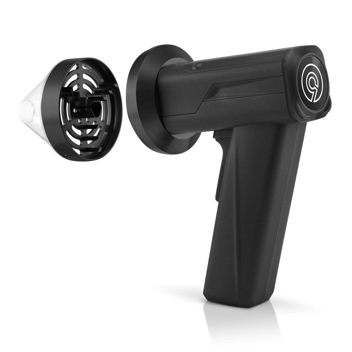 Front view of the Cloudious9 The Auto9 - Fully Automatic Grinder, highlighting its sleek, black, cylindrical design against a white backdrop.