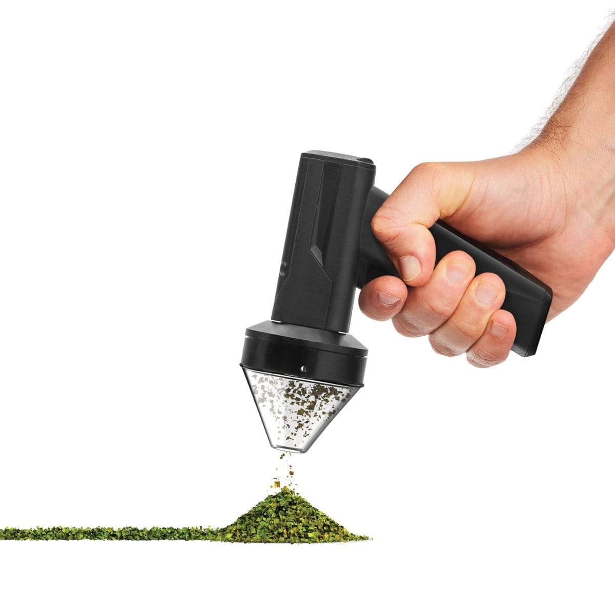 A close-up, angled view shows the Cloudious9 The Auto9 - Fully Automatic Grinder in a hand, dispensing ground material.
