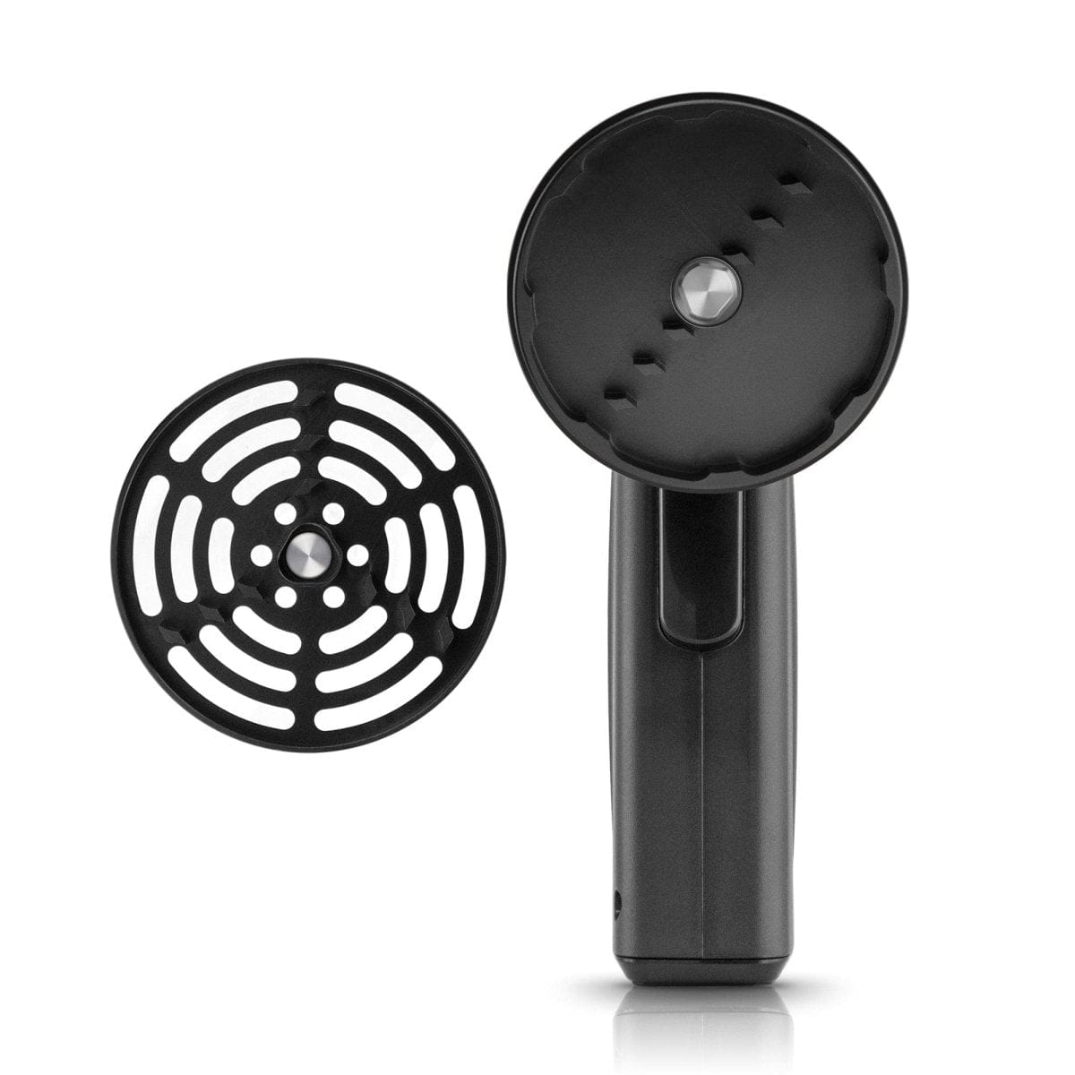 Front view of the Cloudious9 The Auto9 - Fully Automatic Grinder, showcasing its black cylindrical shape on a reflective surface.