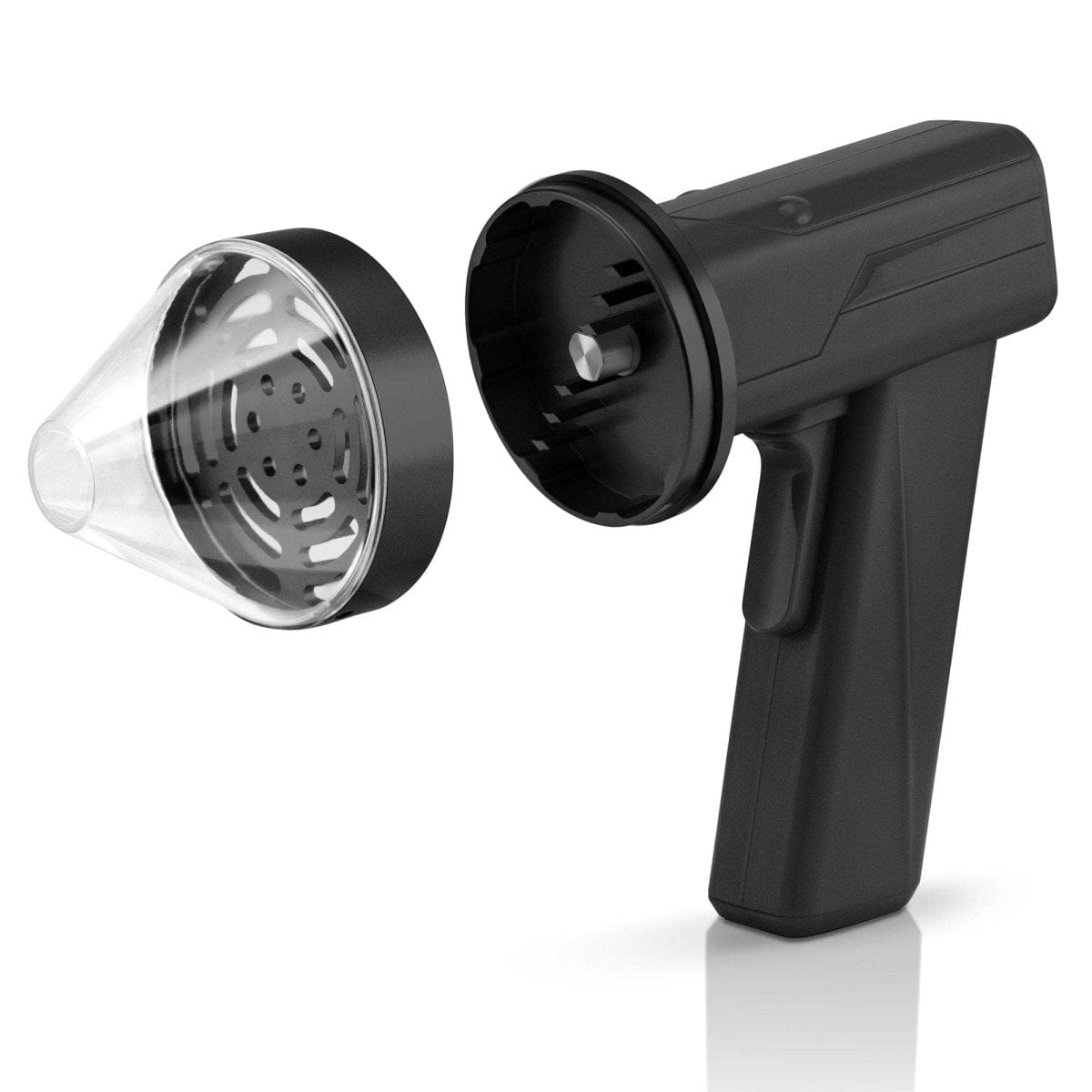 A side view of the Cloudious9 The Auto9 - Fully Automatic Grinder, showing its black plastic casing and transparent grinding chamber.