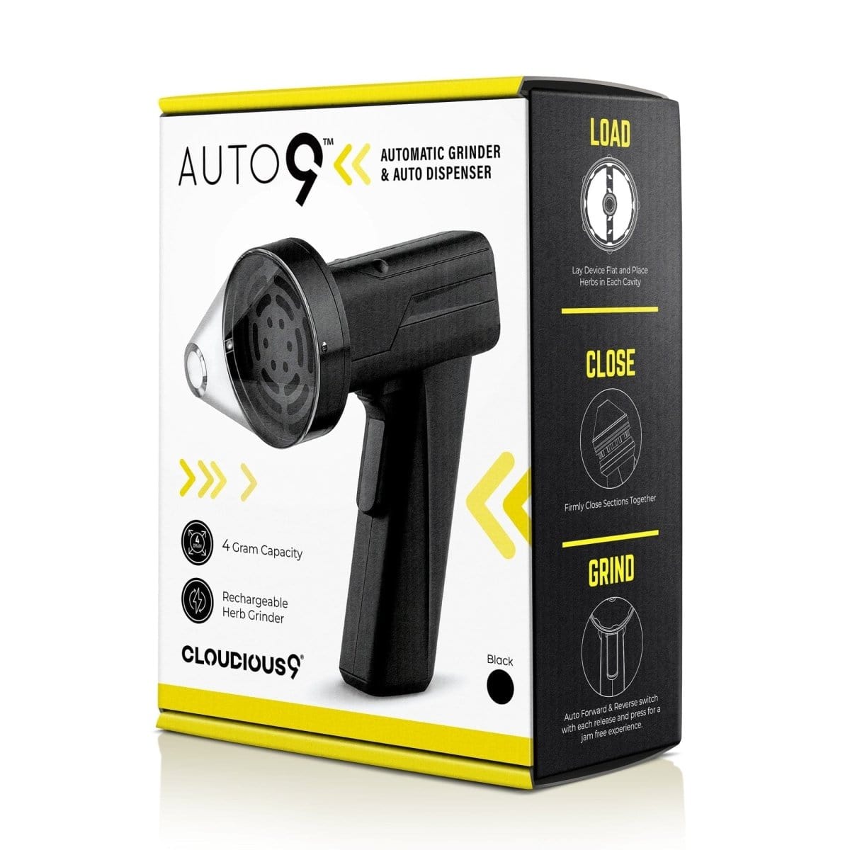 Three-quarter view of the black Cloudious9 The Auto9 - Fully Automatic Grinder on its white and black retail box with yellow accents and instructional side panel.