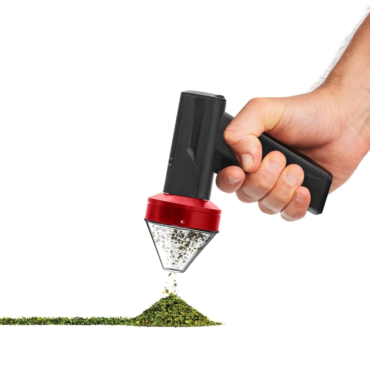 A close-up, angled view shows the Cloudious9 The Auto9 - Fully Automatic Grinder dispensing ground material into a small pile.