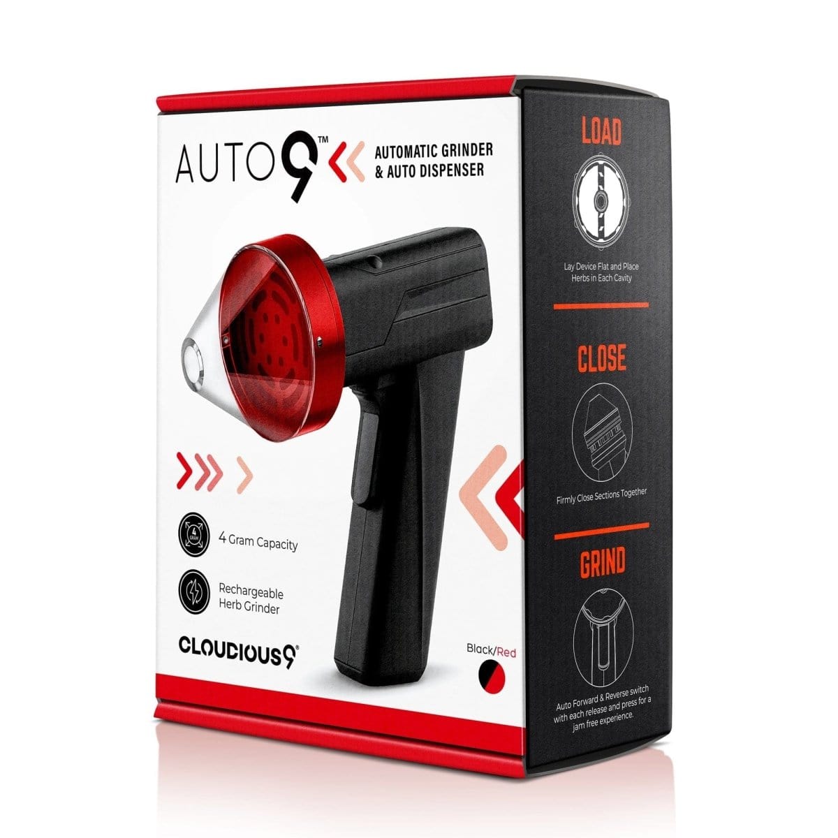 Angled three-quarter view of the black and red Cloudious9 The Auto9 - Fully Automatic Grinder depicted on its white retail box with instructional side panel.