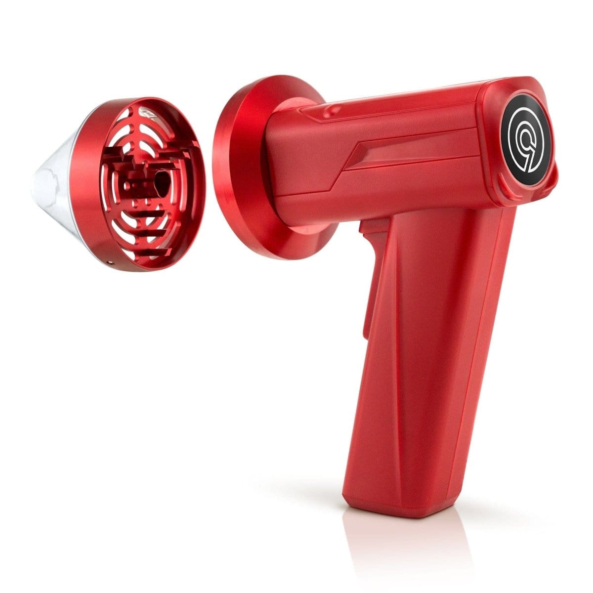 A front view of the red Cloudious9 The Auto9 - Fully Automatic Grinder, showcasing its sleek, handheld design and metallic grinding teeth.