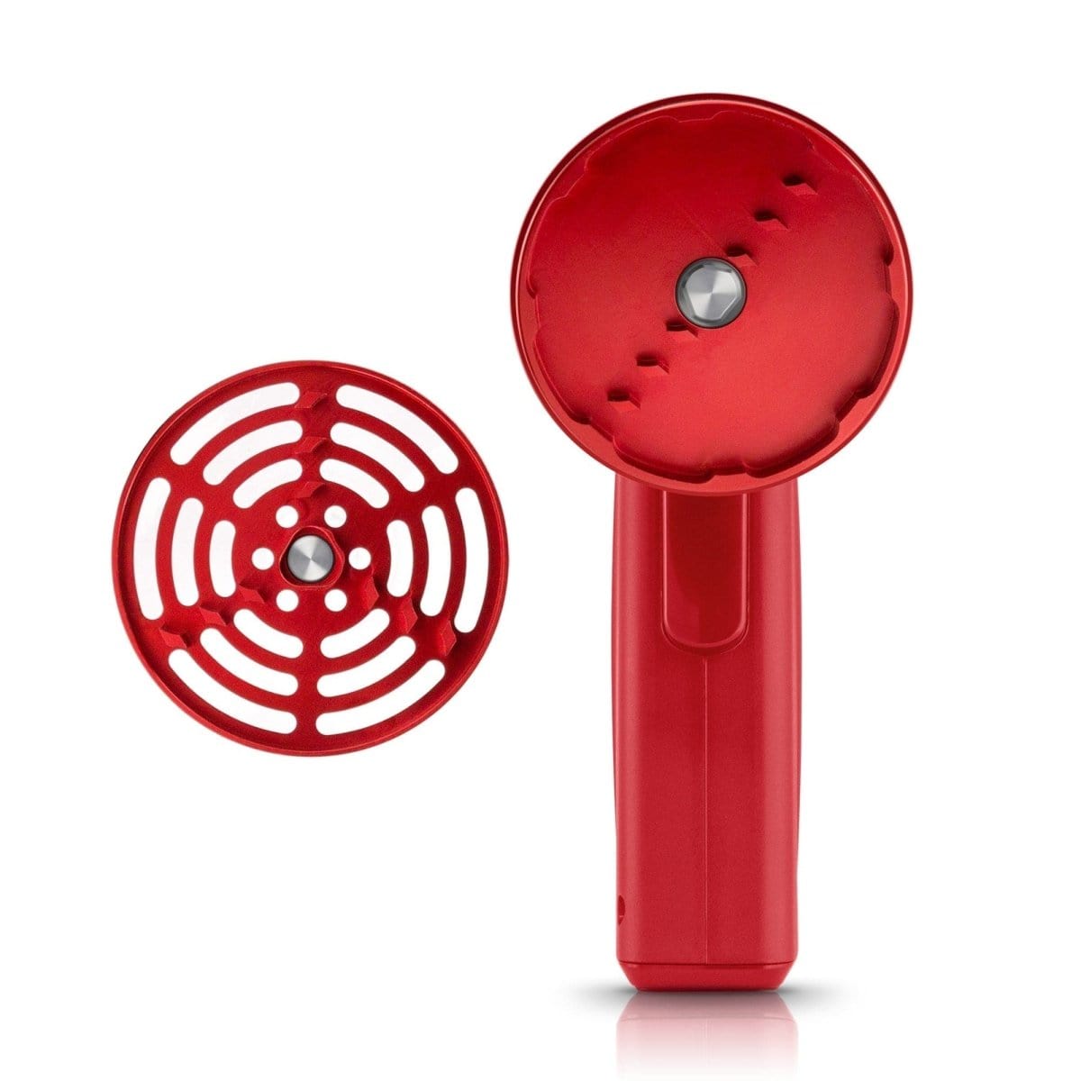 Front view of the Cloudious9 The Auto9 - Fully Automatic Grinder, showing its sleek red design against a neutral background.