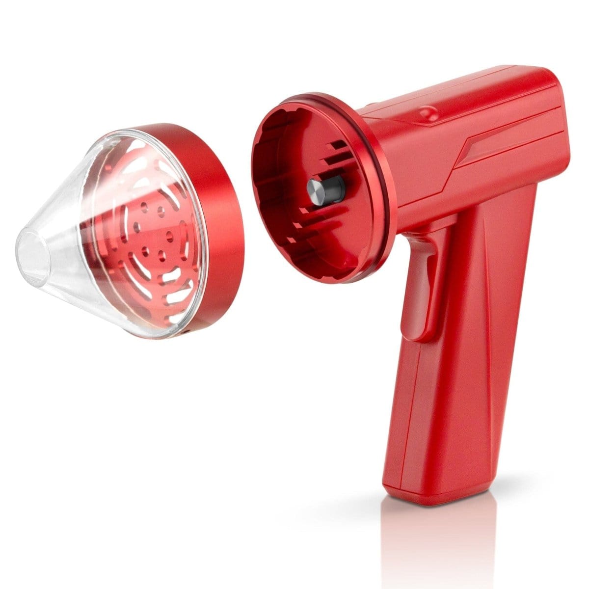 A three-quarter view of the Cloudious9 The Auto9 - Fully Automatic Grinder, showcasing its red plastic housing and transparent grinding chamber.