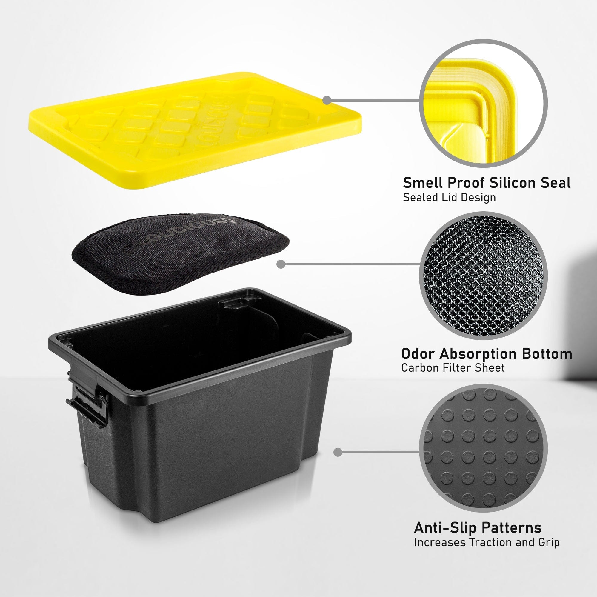 A top-down view of the Stash9 Mini Tabletop Storage container, showing a black patterned surface and open lid.