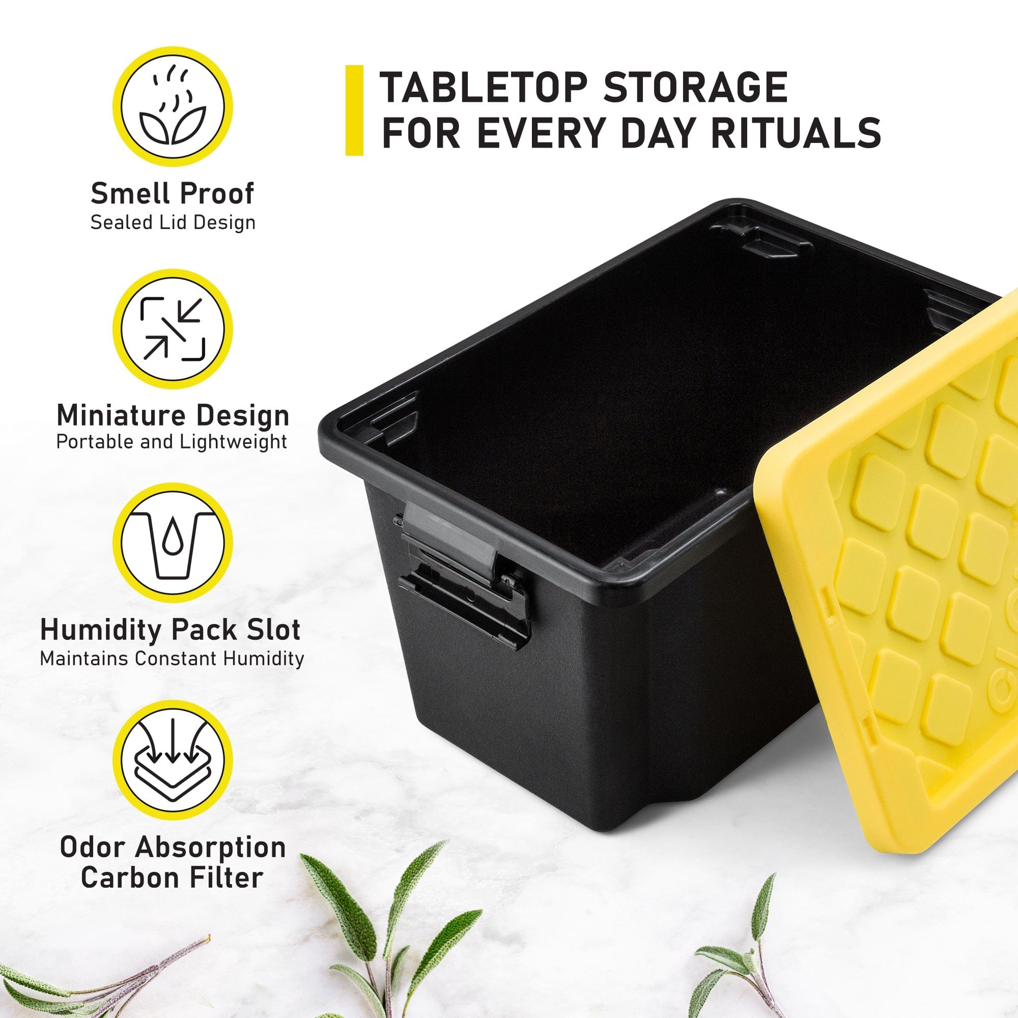 A slightly angled overhead shot of the Stash9 Mini Tabletop Storage on a dark surface, highlighting its black, rectangular design.