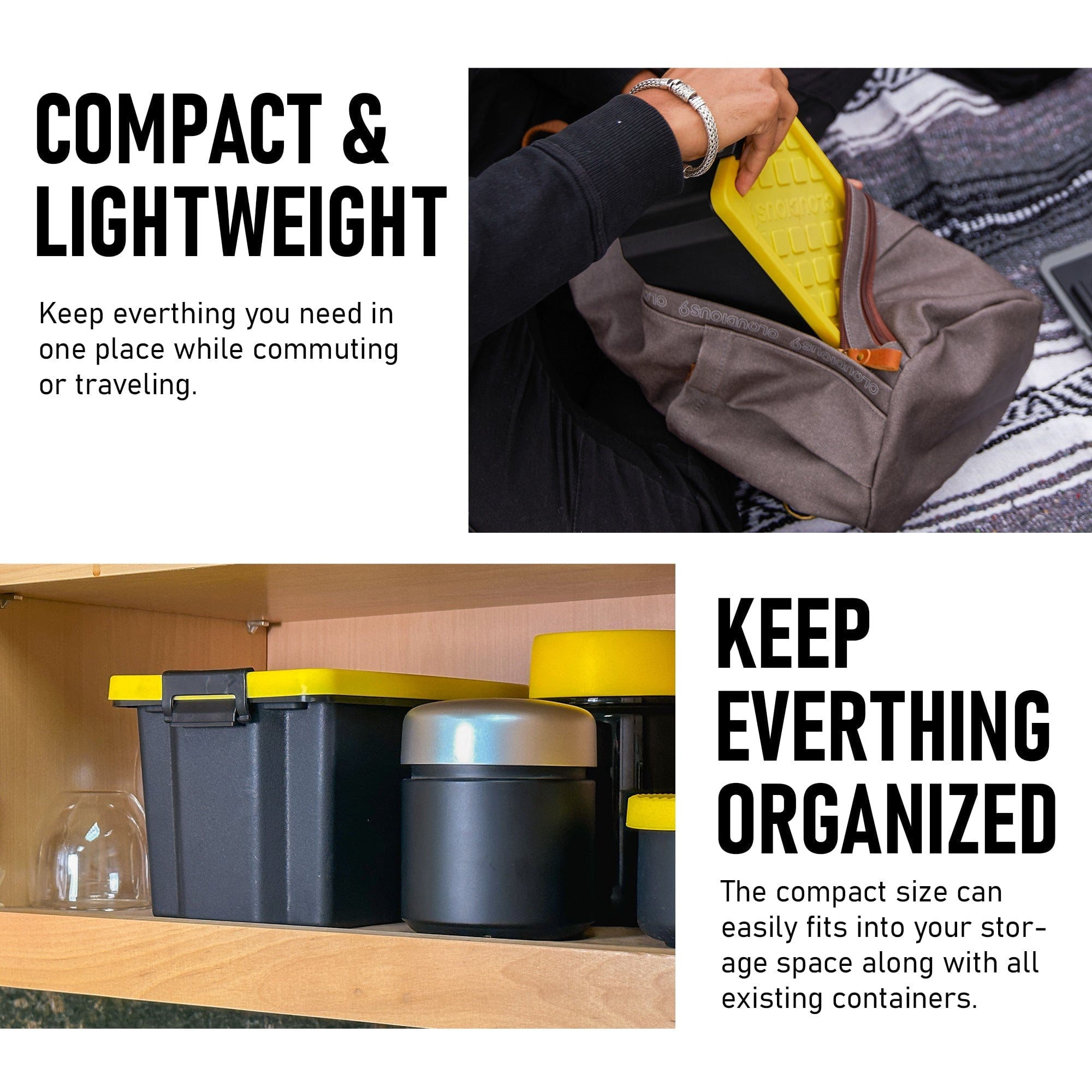 A tabletop view of the Stash9 Mini Tabletop Storage, showcasing the container's compact design against a blurred background.