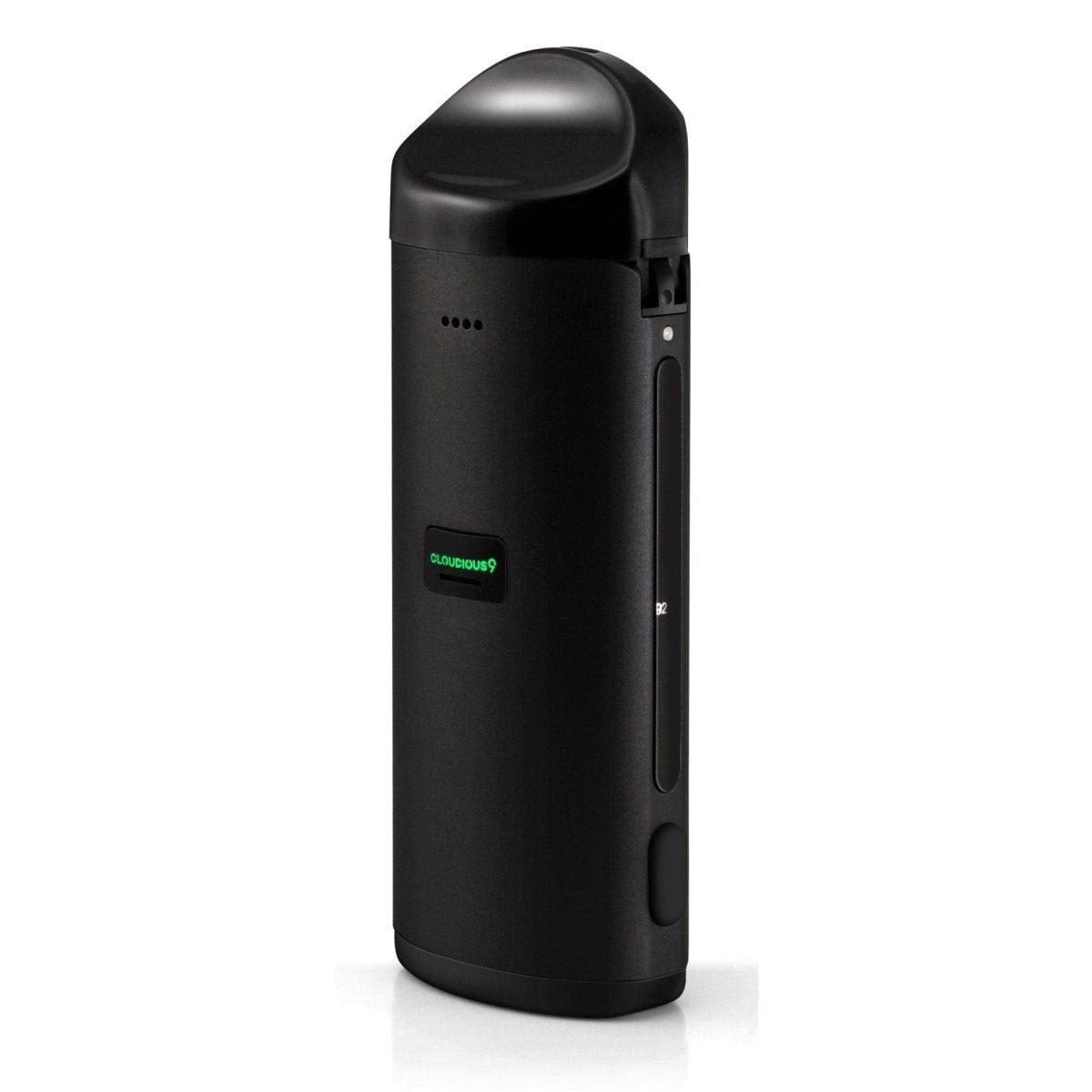 Front view of the Cloudious9 Atomic9 Vaporizer, a sleek, black handheld device with a minimalist design.