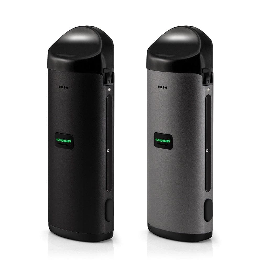 Front view of the Cloudious9 Atomic9 Vaporizer, a sleek, black handheld device against a plain white background.
