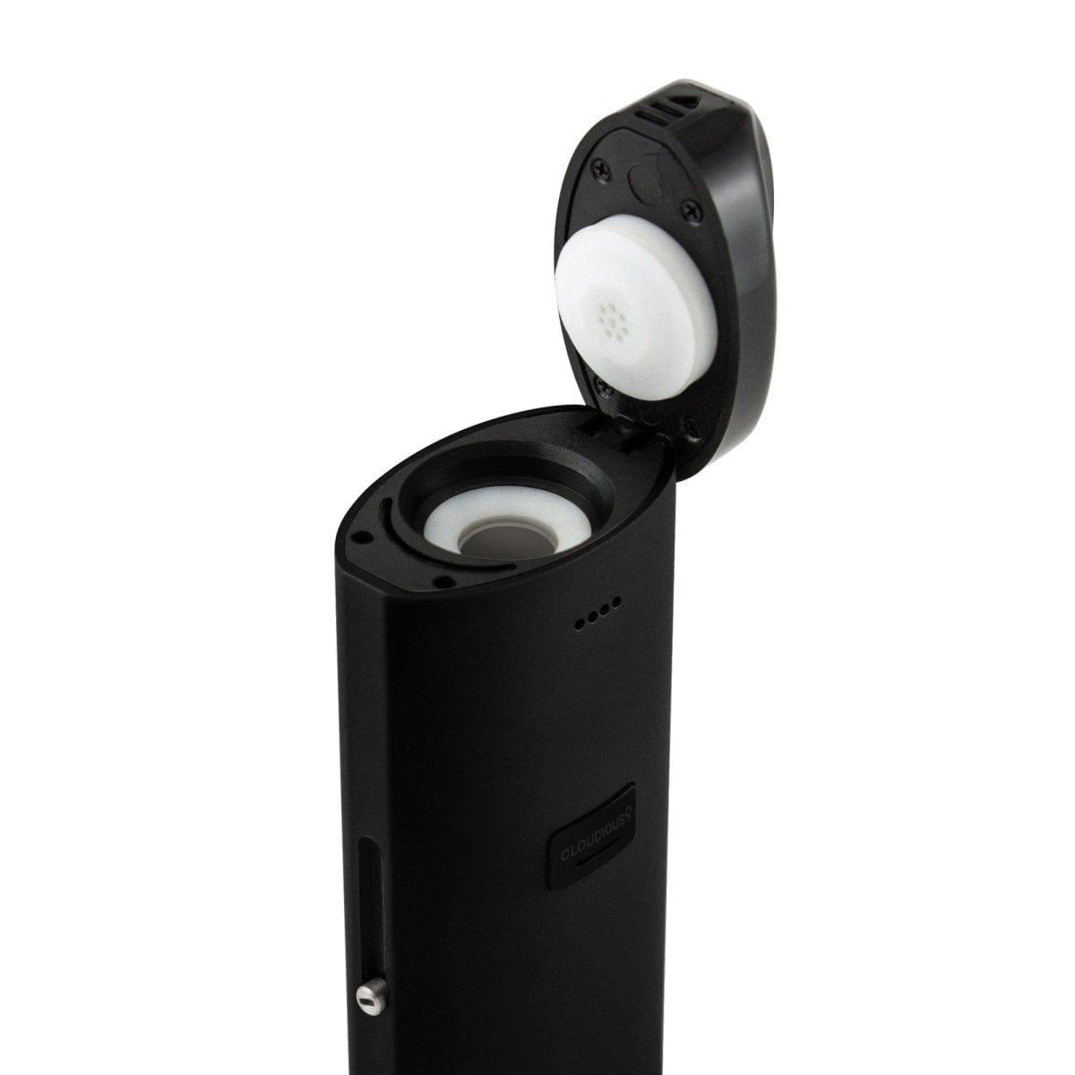 A close-up, angled view of the Cloudious9 Atomic9 Vaporizer with its open chamber, revealing a white ceramic filling.