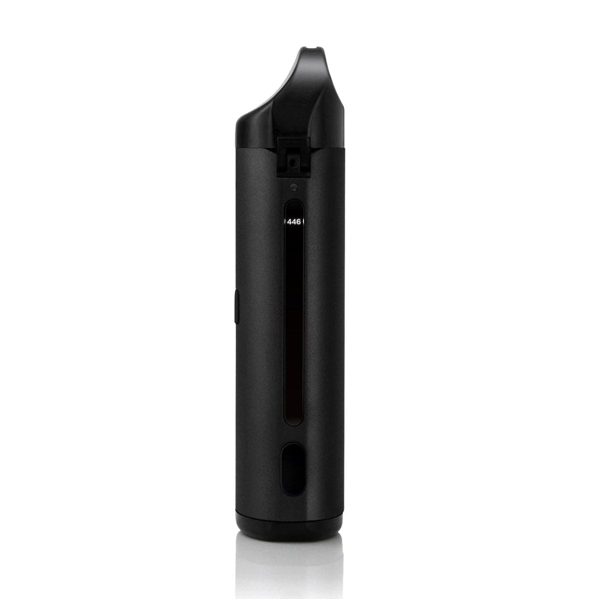 A sleek, black Cloudious9 Atomic9 Vaporizer is shown in a studio shot with a soft, reflective surface.