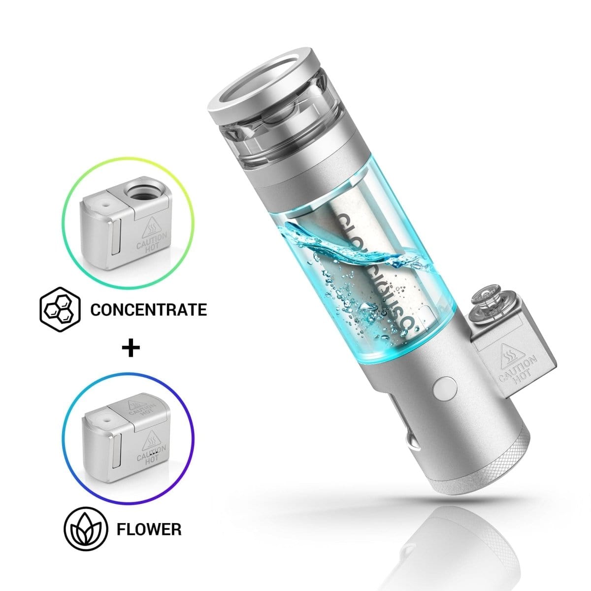 Front view of the Cloudious9 Hydrology9 NX Flower & Concentrate Vaporizer, displaying its clear tank and metallic accents.