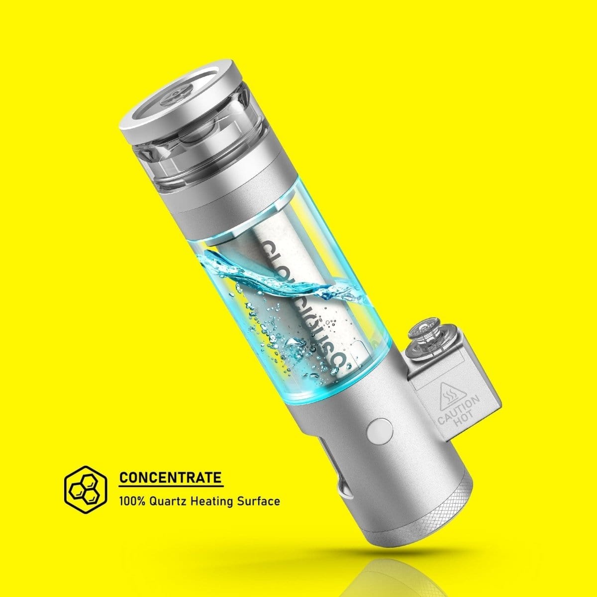 A three-quarter view of the Cloudious9 Hydrology9 NX Flower & Concentrate Vaporizer with a clear tank, showing visible liquid levels.
