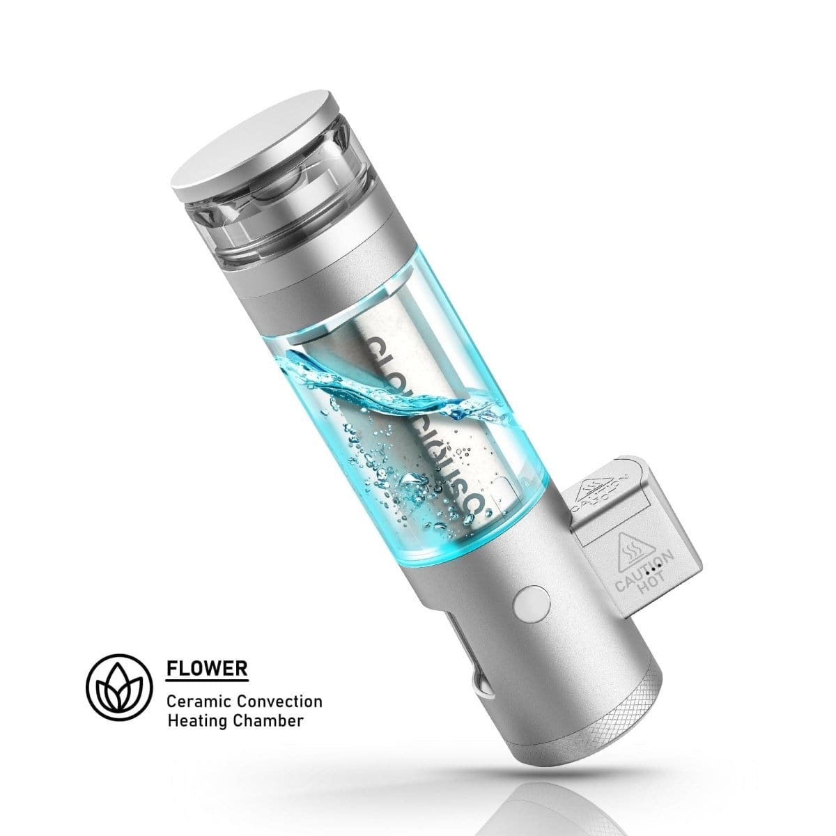 Front view of the Cloudious9 Hydrology9 NX Flower & Concentrate Vaporizer, showing the clear chamber and silver metal casing.
