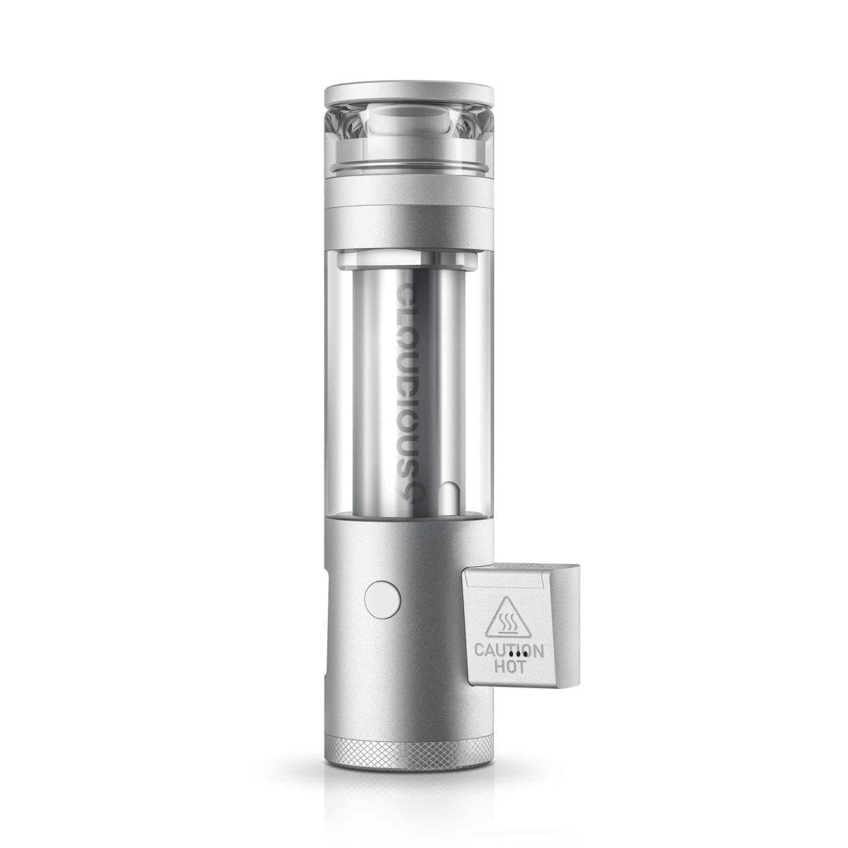 Front view of the Cloudious9 Hydrology9 NX Flower & Concentrate Vaporizer, a silver device with a textured grip and clear glass chamber.