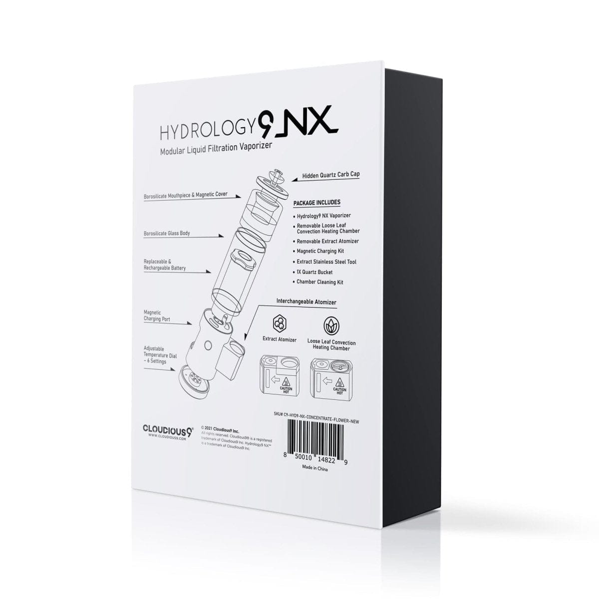 A product shot of the Cloudious9 Hydrology9 NX Flower & Concentrate Vaporizer, displaying its packaging and included components in a clean, brightly lit setting.
