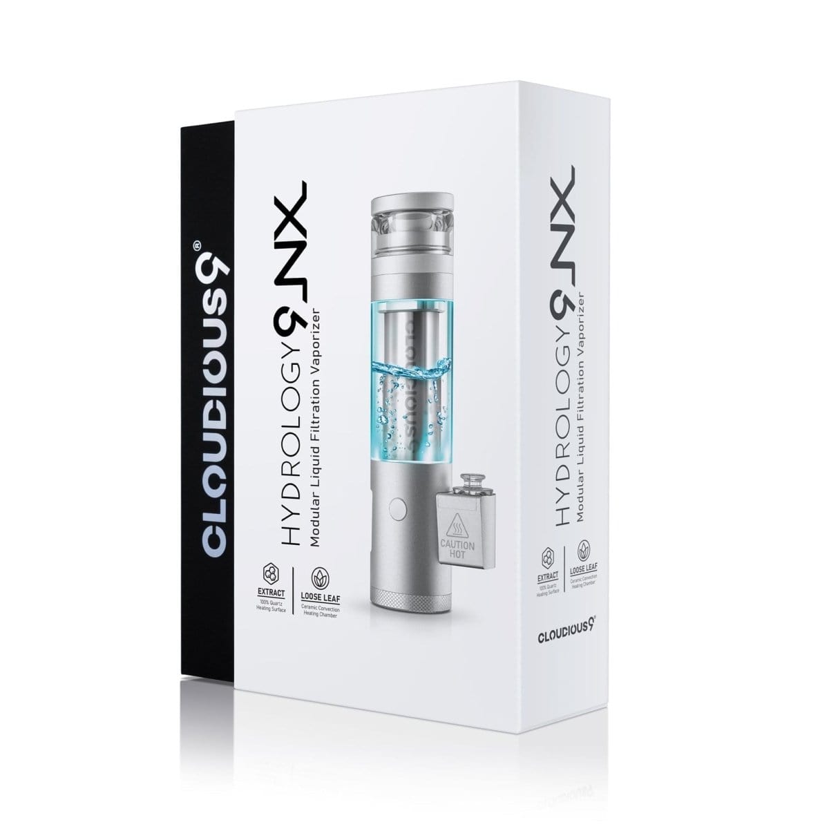 Front view of the Cloudious9 Hydrology9 NX Flower & Concentrate Vaporizer with a sleek, cylindrical design and visible liquid chamber.