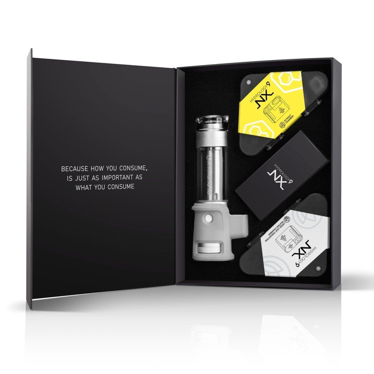 Close-up of the Cloudious9 Hydrology9 NX Flower & Concentrate Vaporizer against a black background, showing its metallic body.