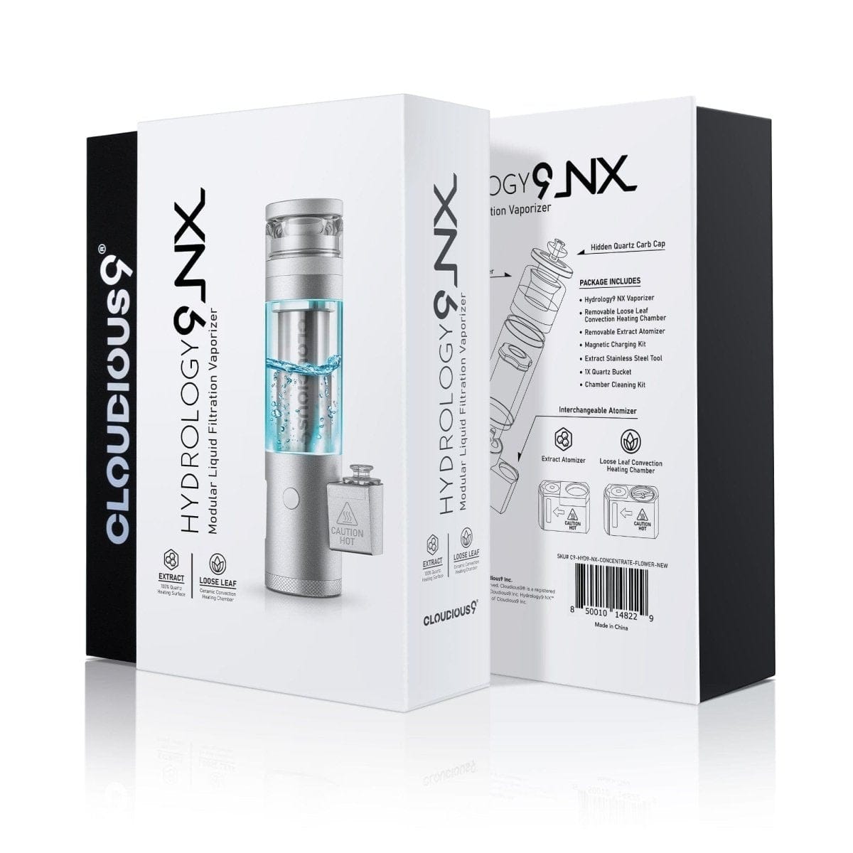 A close-up, angled shot of the Cloudious9 Hydrology9 NX Flower & Concentrate Vaporizer with its packaging, showing included accessories.