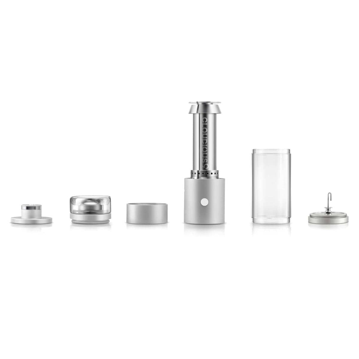 A side view of the Cloudious9 Hydrology9 Vaporizer components laid out on a white surface.