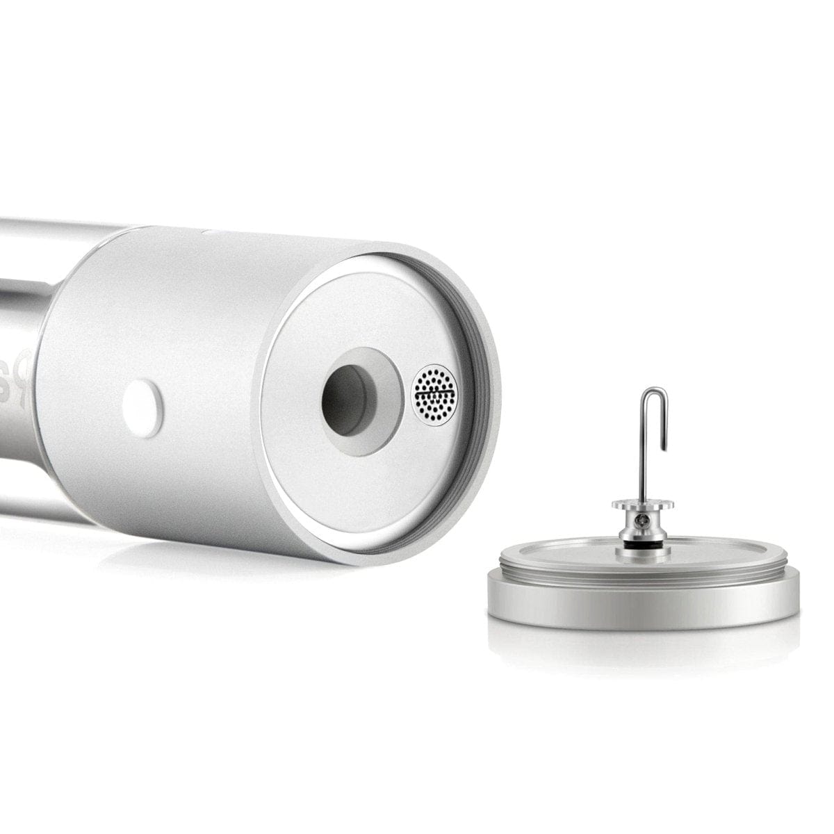 A close-up, angled view of the Cloudious9 Hydrology9 Vaporizer’s metallic chamber and base on a reflective surface.