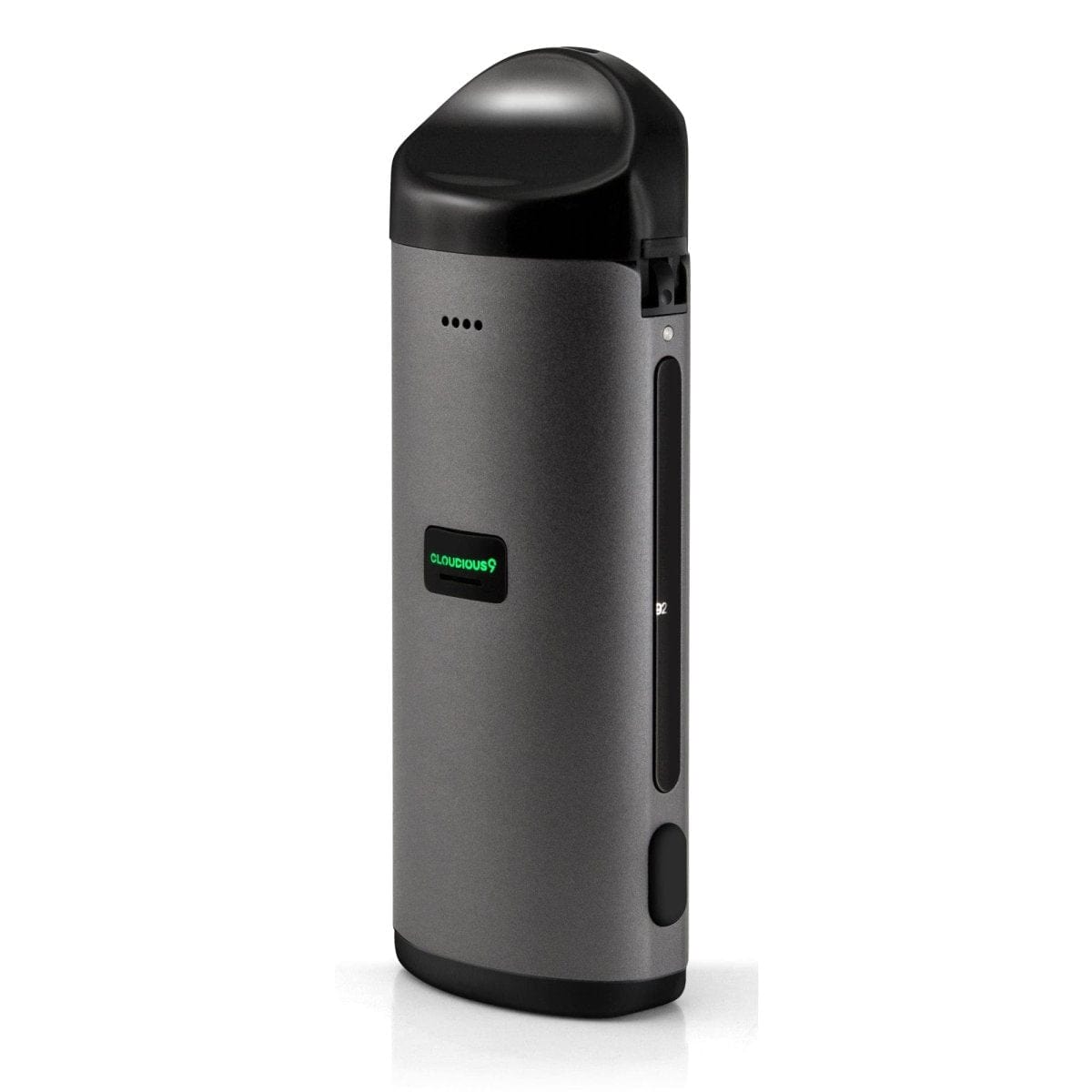 Front view of the Cloudious9 Atomic9 Vaporizer, a sleek, black handheld device with a minimalist design.