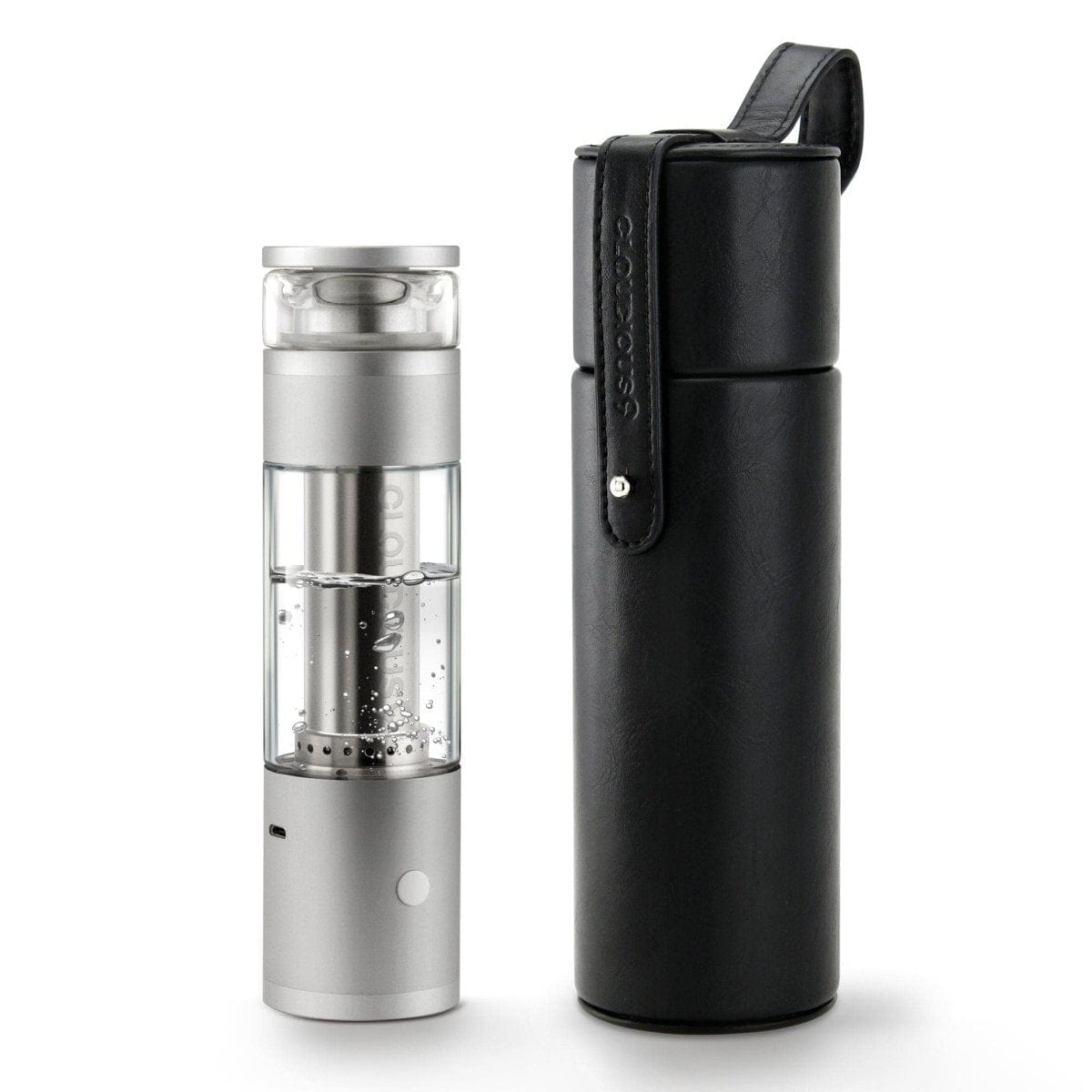 Front view of the Cloudious9 Hydrology9 Vaporizer, a silver device with a clear glass chamber, presented against a neutral gray background.