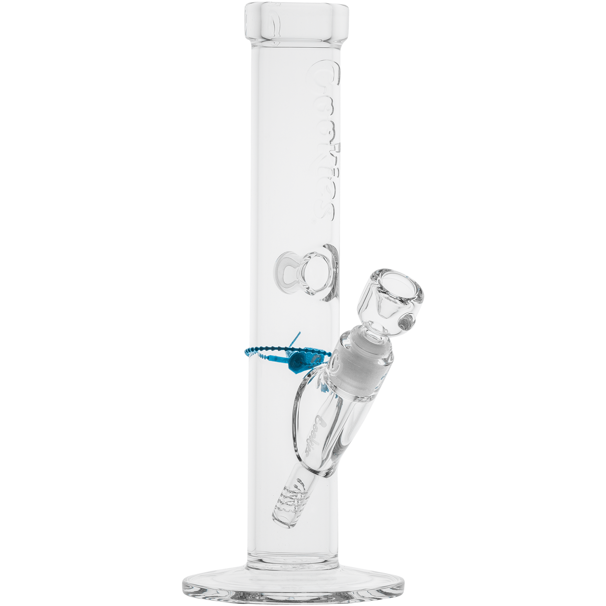 Close-up front view of the Cookies Flame Straight Bong showing the clear glass tube, angled downstem and blue decorative ring.