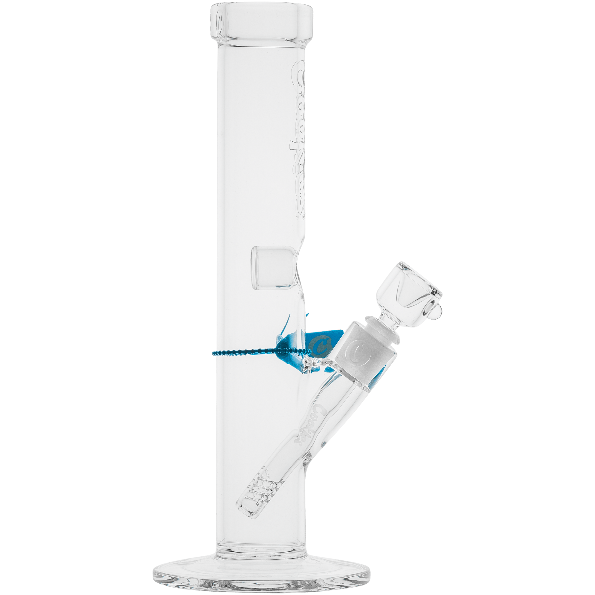 Close-up side view of the clear Cookies Flame Straight Bong showing the straight neck, angled downstem joint, and blue accent around the joint.