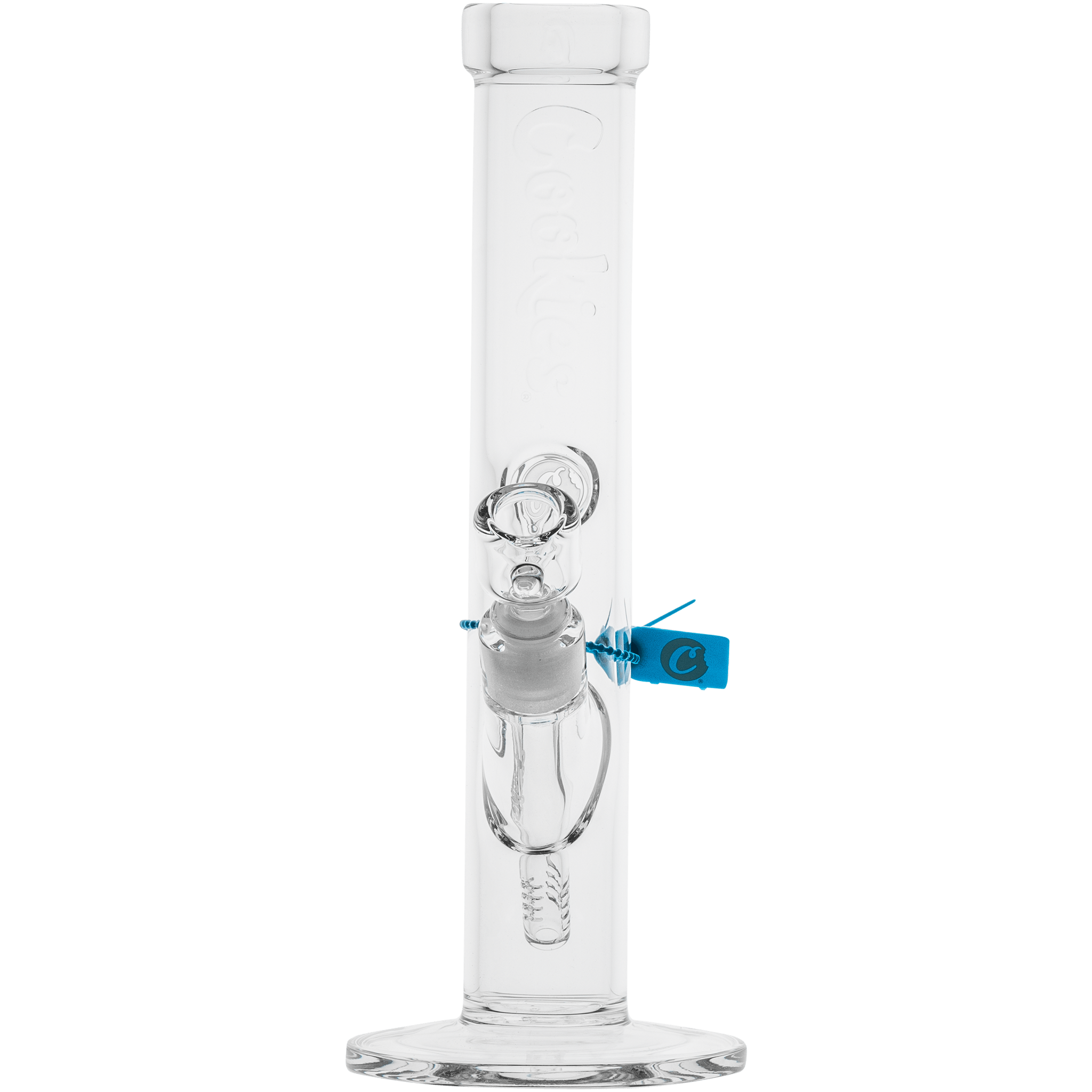 Centered front view of the clear Cookies Flame Straight Bong showing its straight tube, internal percolator details, and blue brand tag.