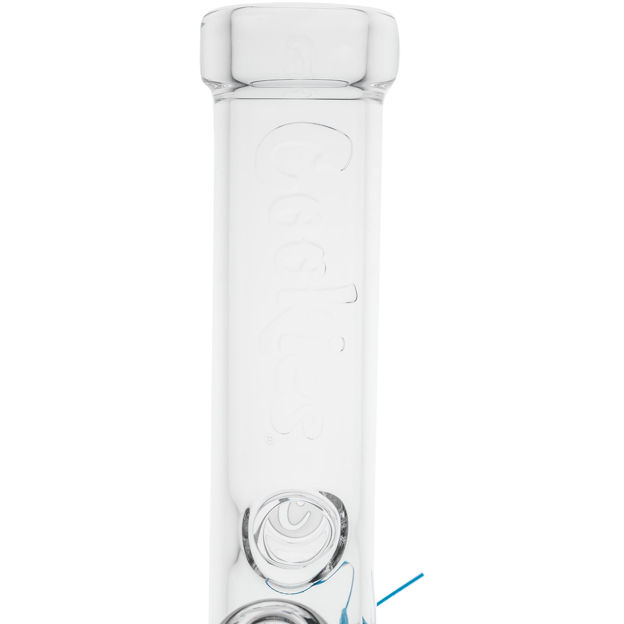 Close-up top-down view of the clear Cookies Flame Straight Bong showing its rounded mouthpiece and embossed logo along the neck