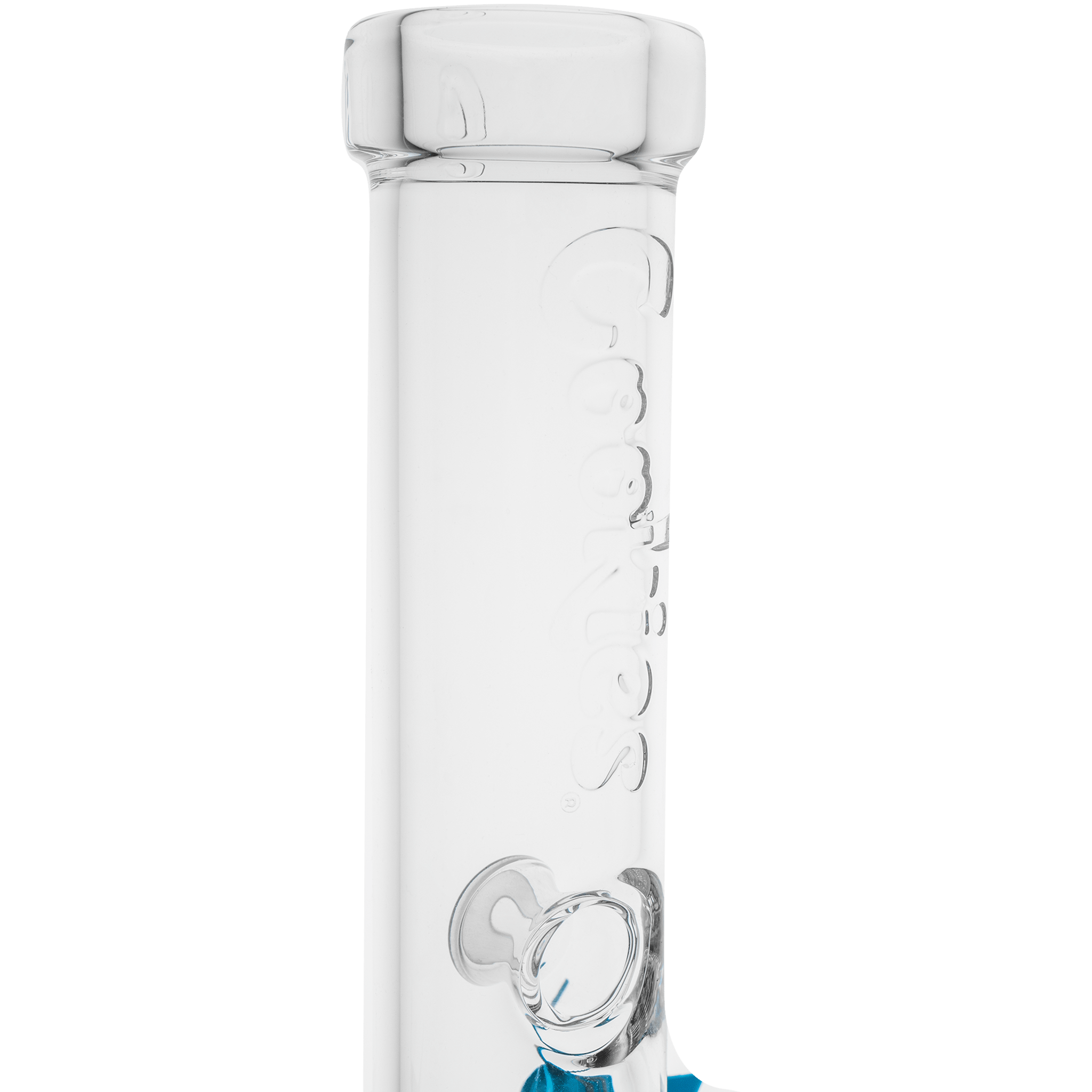 Close-up vertical view of the clear Cookies Flame Straight Bong neck and mouthpiece showing embossed logo and rounded glass details.