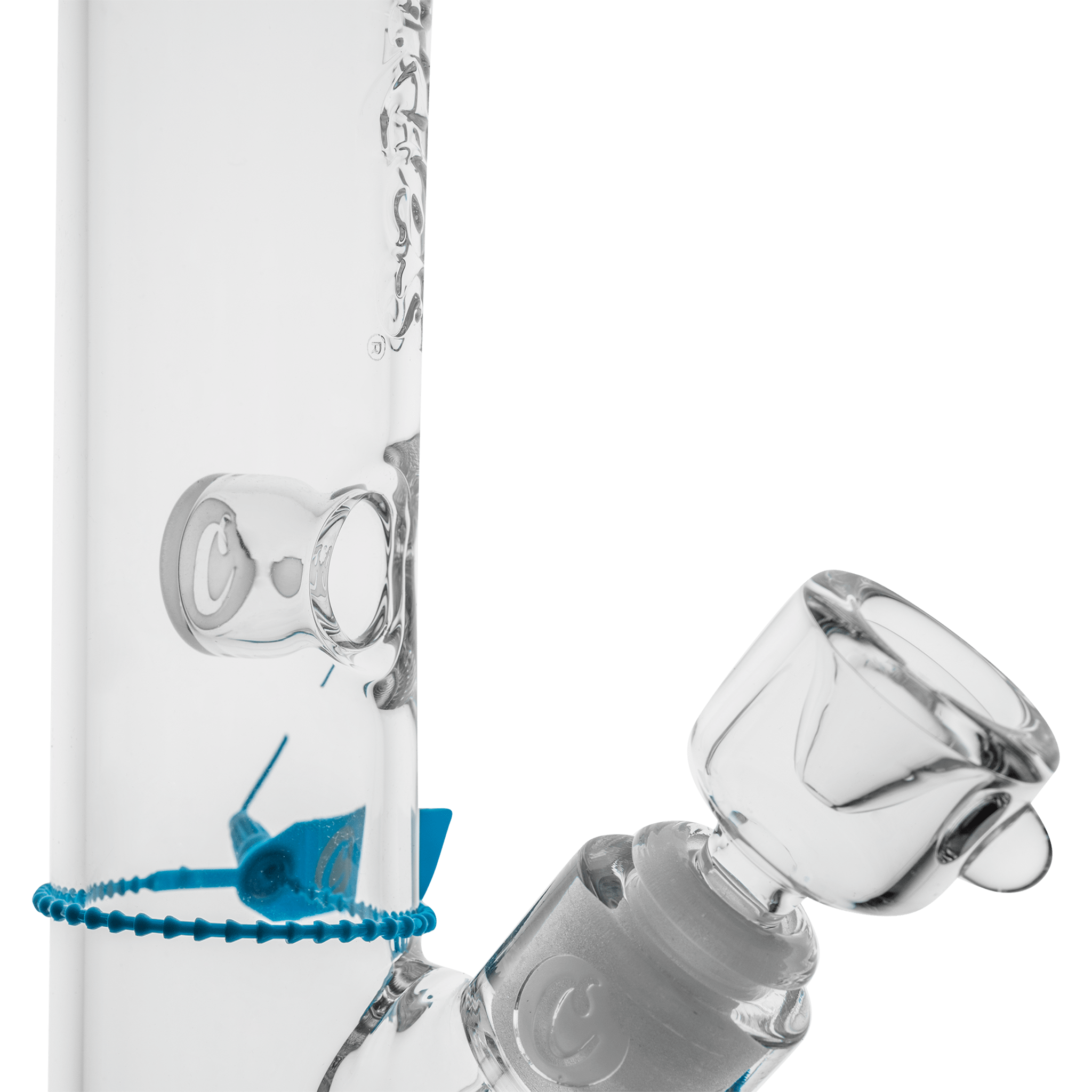 Close-up side view of the Cookies Flame Straight Bong showing clear glass details, embossed logo, and a blue beaded accent.