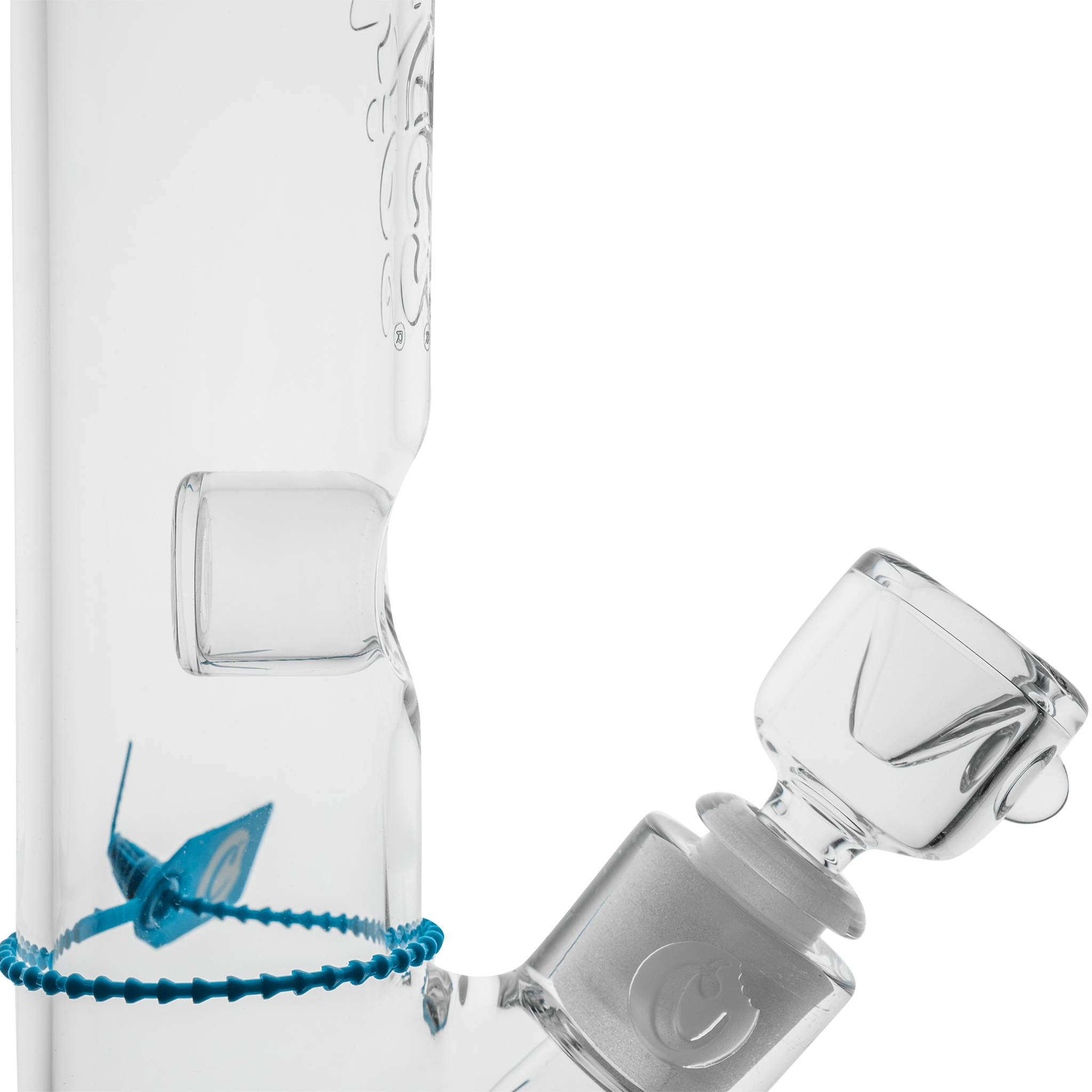 Close-up diagonal view of the clear Cookies Flame Straight Bong showing the glass joint and textured mouthpiece with a blue beaded accent.
