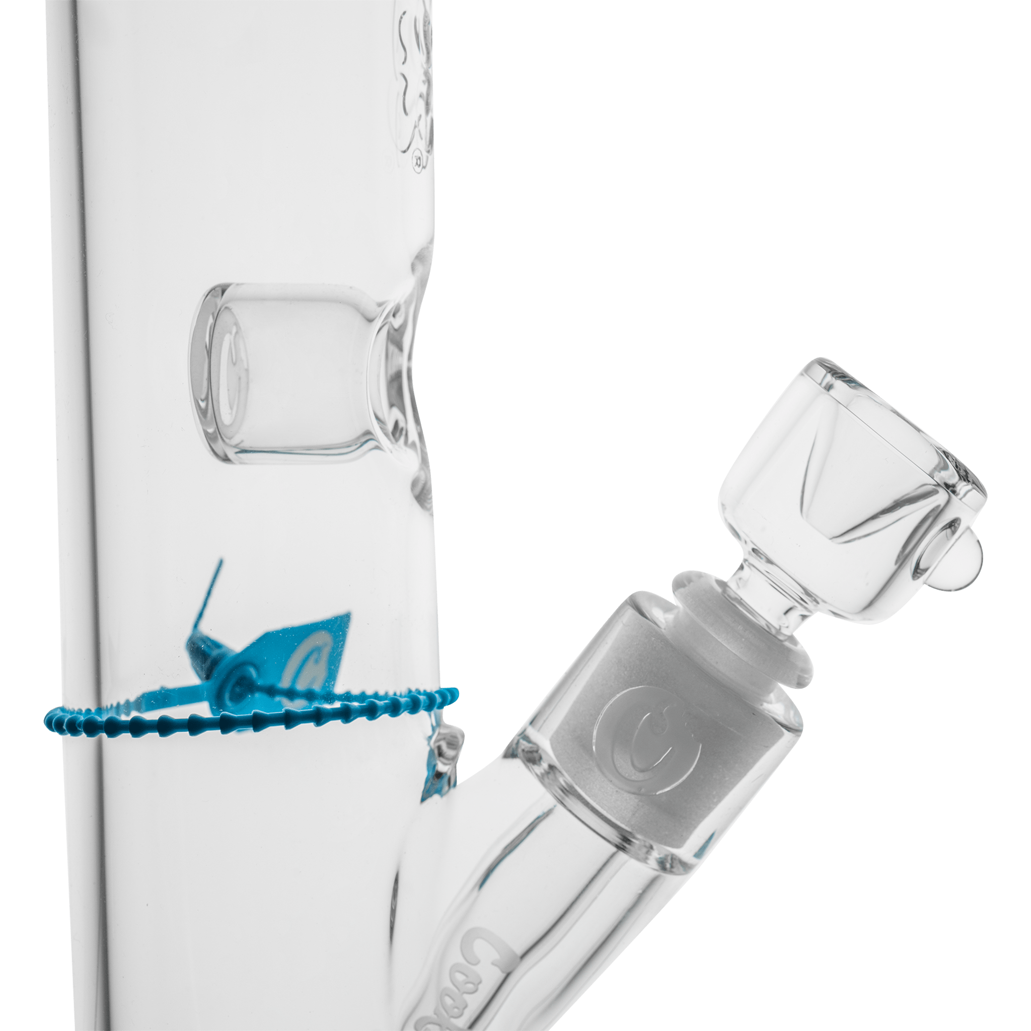 Close-up angled view of the clear Cookies Flame Straight Bong showing the slanted joint, glass beaded ring and embossed logo.