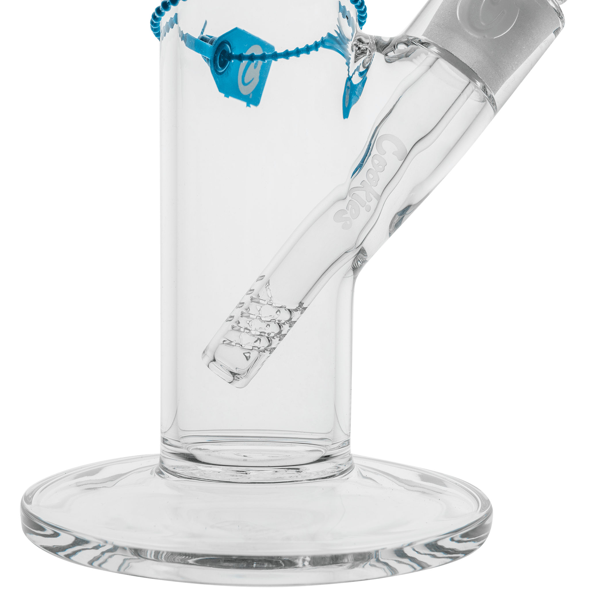 Close-up side view of the clear glass Cookies Flame Straight Bong showing the angled downstem, blue logo tag, and round base.