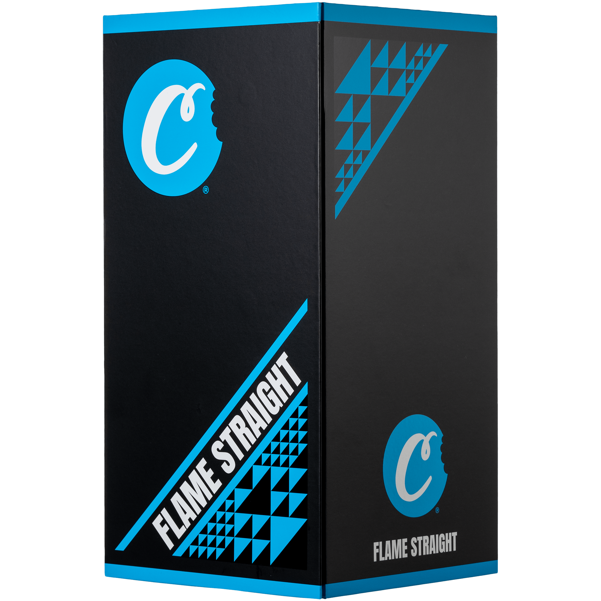 Angled close-up of the black box packaging for Cookies Flame Straight Bong showing blue logo and geometric stripe graphics.