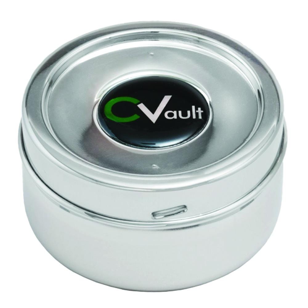 A close-up, angled view of the Twist Stainless Steel Storage Container, showcasing its polished metal finish.