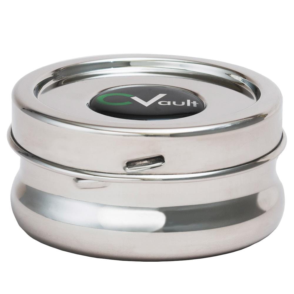 A sleek, front view of the Twist Stainless Steel Storage Container, reflecting light on its smooth, metallic surface.