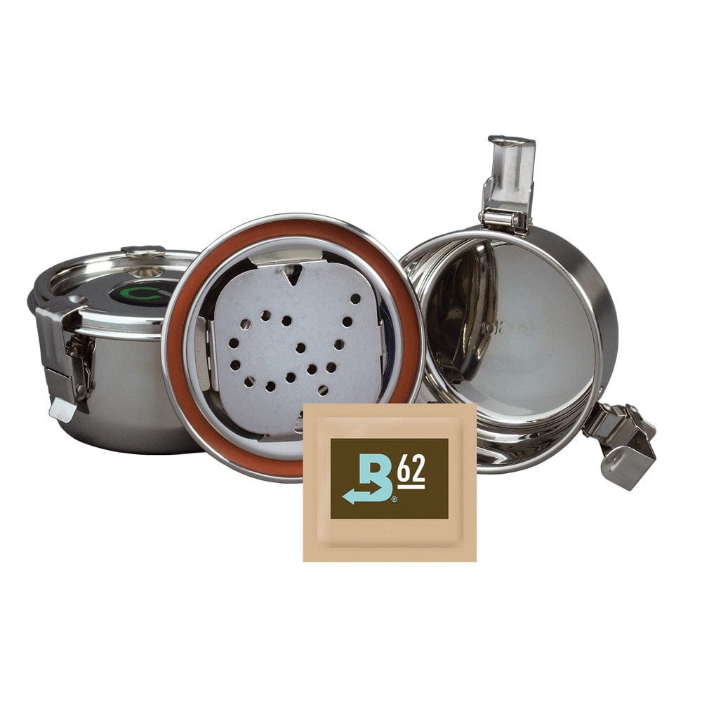 Storage Containers are shown open, revealing a perforated insert inside, with a silver metallic finish and a side view.