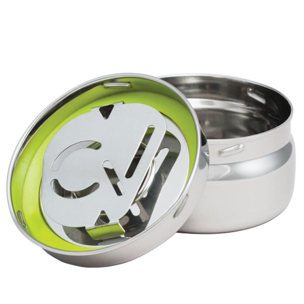 A top-down view of the open Twist Stainless Steel Storage Container, revealing its silver interior and circular shape.