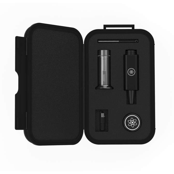 Front view of the DabTech Daborizer within its black carrying case, highlighting its sleek, cylindrical shape.