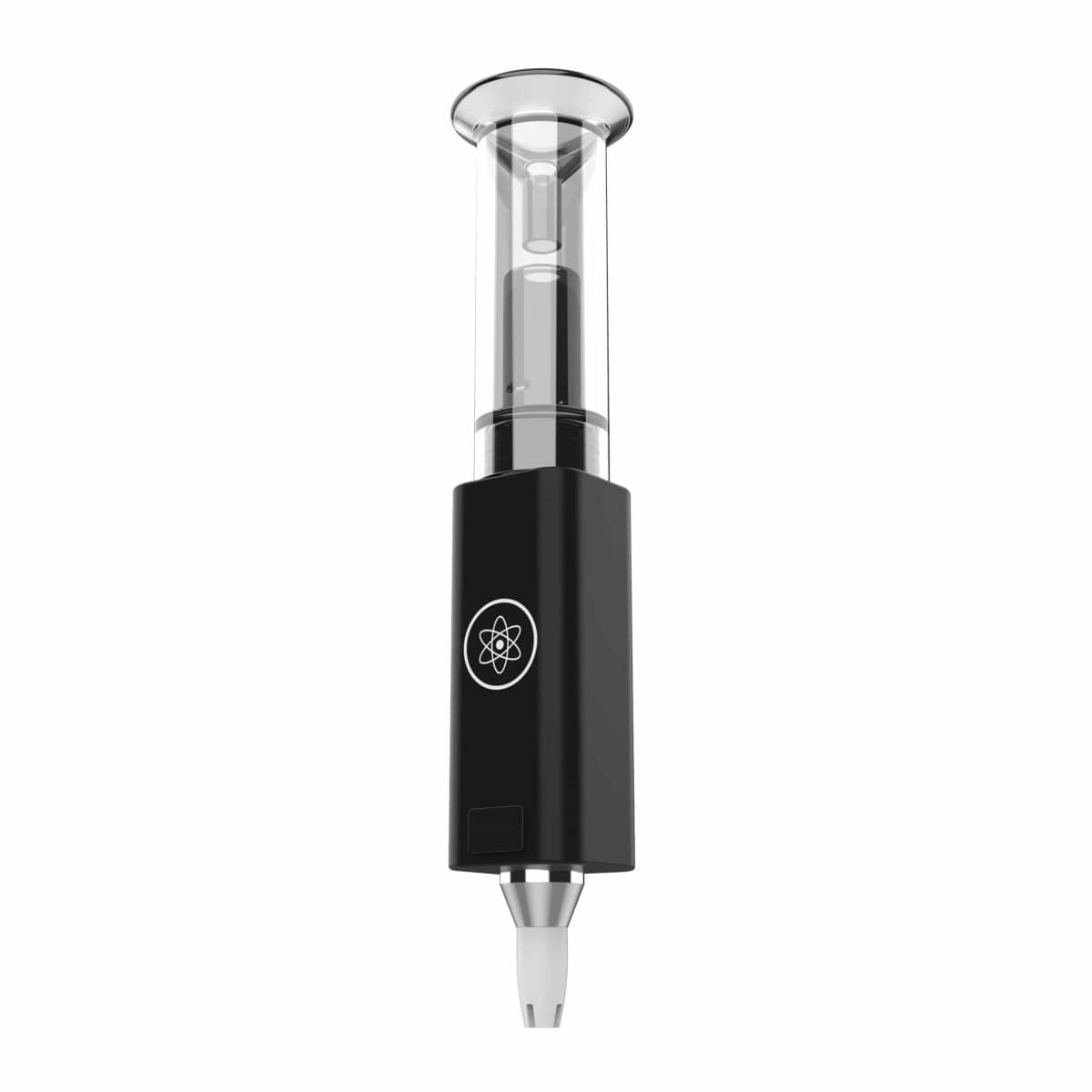 Front view of the DabTech Daborizer, a sleek, silver and clear glass device angled against a plain white background.