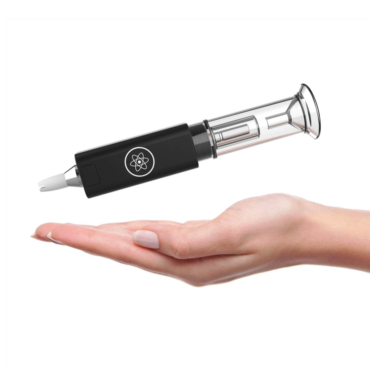 A hand displays the DabTech Daborizer, showcasing its sleek, dark finish and unique cylindrical shape.