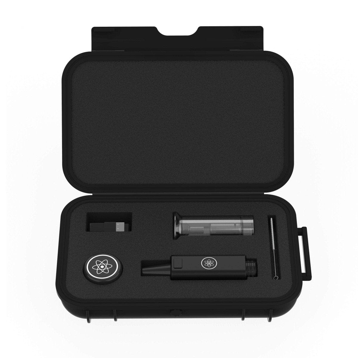 A top-down view shows the DabTech Daborizer inside its black carrying case, highlighting its sleek, compact design.