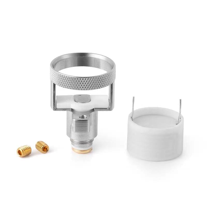 A close-up, angled view of the disassembled Dabtech Duvo Rebuildable 3D Atomizer, showing its metallic components against a plain white background.