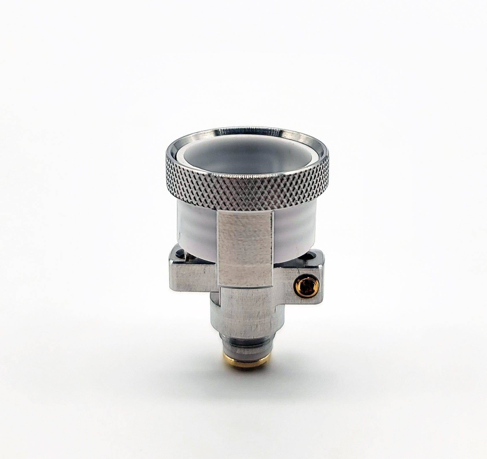 Close-up of the Dabtech Duvo Rebuildable 3D Atomizer, showing its metallic construction and detailed, multi-tiered design.